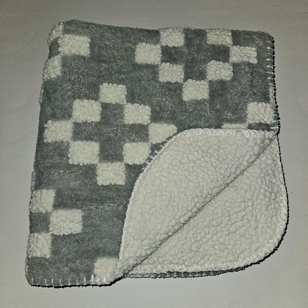 Cloud Island Gray White Baby Blanket Squares Checked Fleece Sherpa 24x24